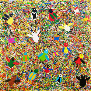 Dhigaraa Gagan.Gagan birds many coloured Aboriginal Art by Mawu-gi Artist Printmaker Painter Brent Emerson Gamilaraay Kamilaroi Collaged Acrylic Painting