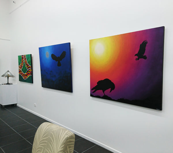 Waan and Maliyan Crow and Eagle V Aboriginal Art by Mawu-gi Artist Printmaker Painter Brent Emerson Gamilaraay Kamilaroi Acrylic Painting