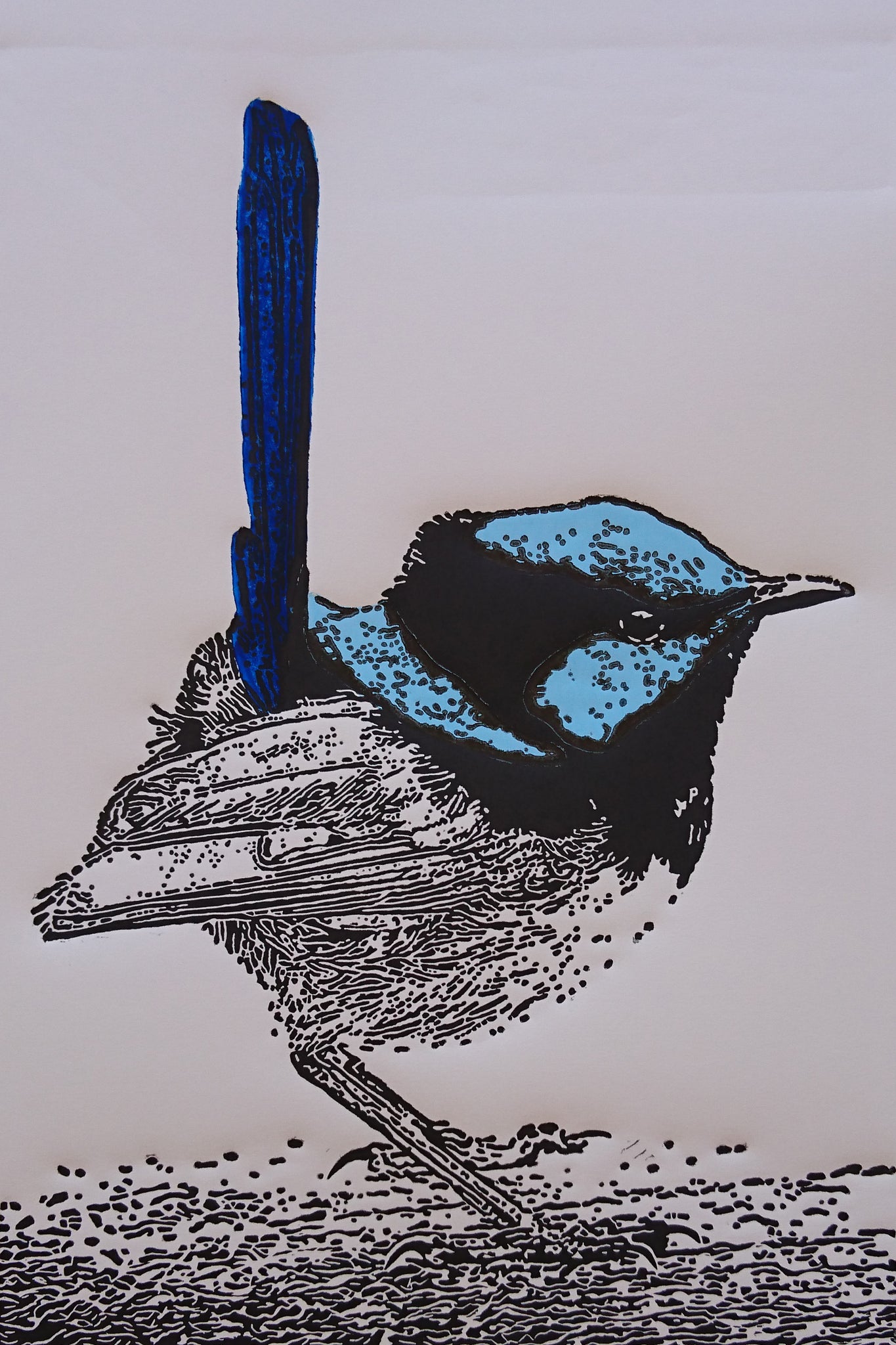 Yundiyundi blue fairy wren Aboriginal Art by Mawu-gi Artist Printmaker Painter Brent Emerson Gamilaraay Kamilaroi Linoleum Print